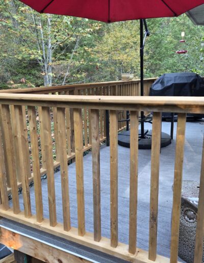 Close-up view of Sienna-treated deck railings crafted by Steve’s Woodworking in Shawnigan Lake, BC.