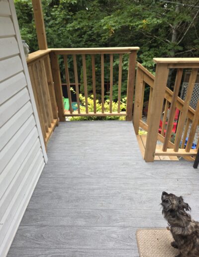 Completed corner section with new Sienna pressure-treated deck railings by Steve’s Woodworking in Shawnigan Lake, BC.